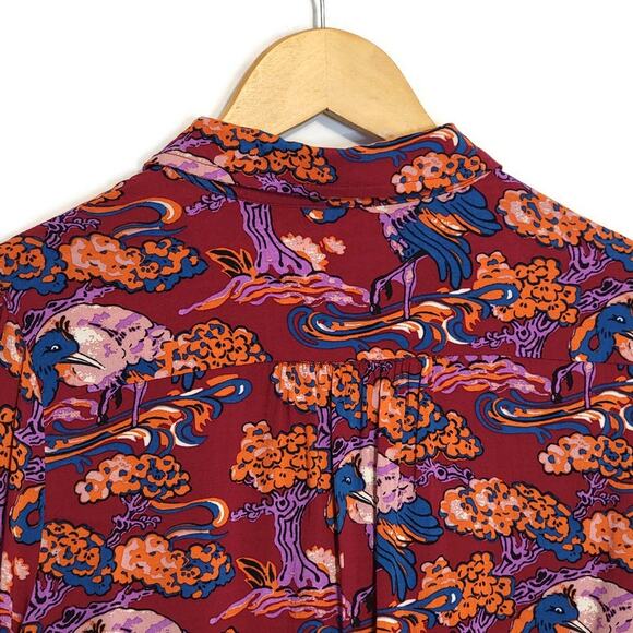 Anthropologie Maeve Bird Print Button Down Shirt Ruffle Tie Cuff  Boho Blouse 4 - Picture 11 of 16